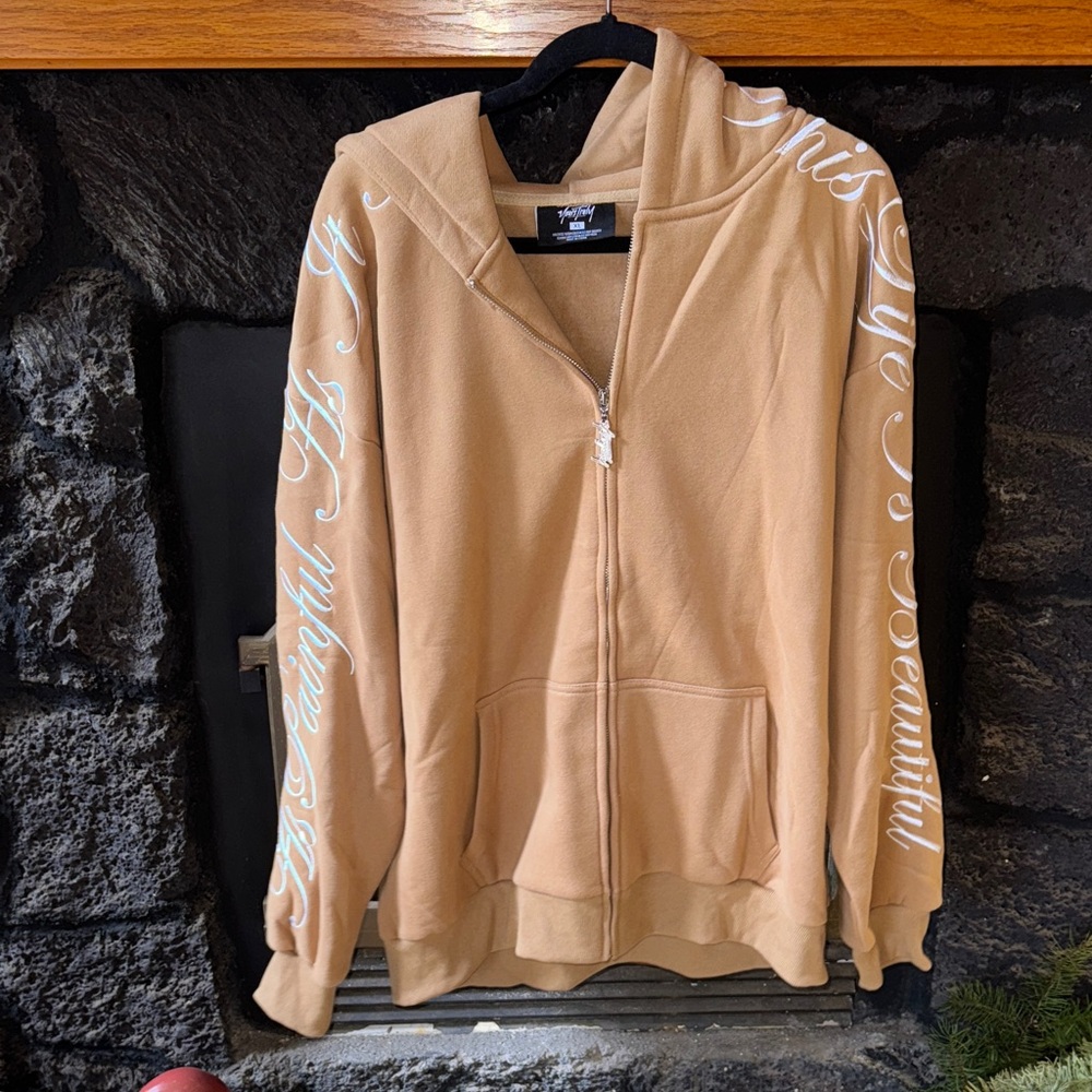 Yours Truly size XL NWOT NEW Tan Hoodie with White Phora